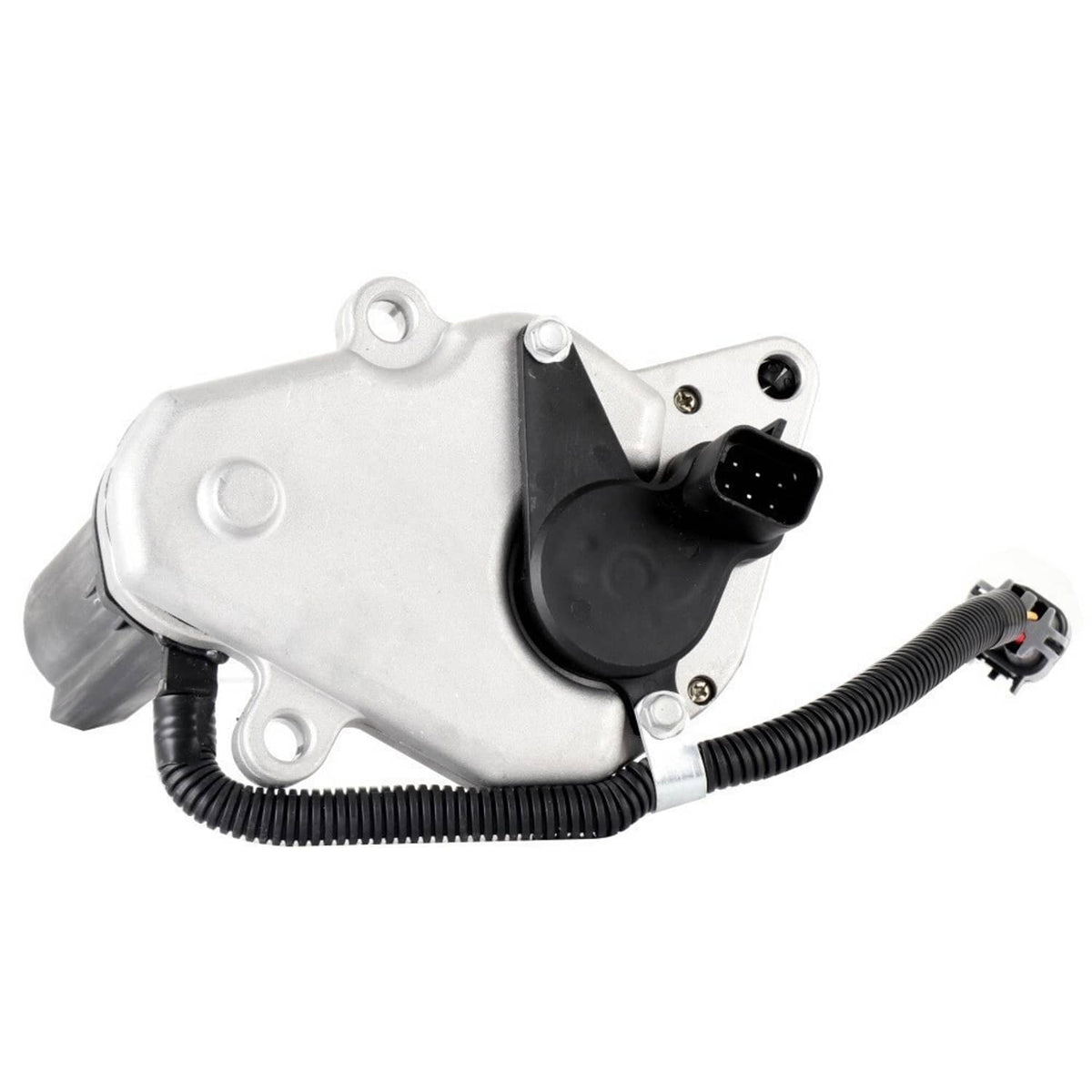 Transfer case shift motor with wiring harness and electrical connector, silver and black