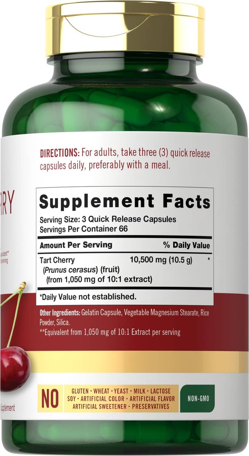 Carlyle tart cherry extract supplement facts panel on bottle back with gold cap