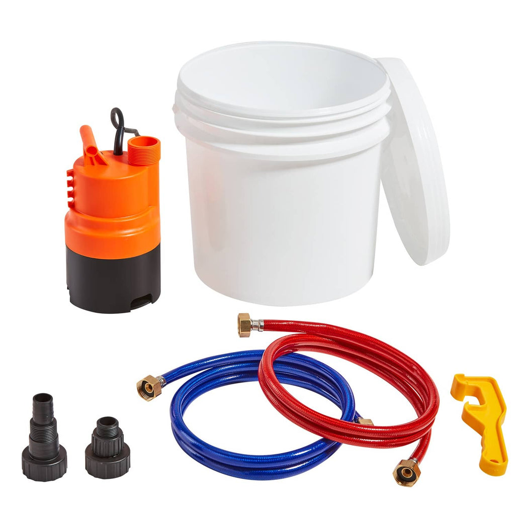 Water heater descaling flushing kit: white bucket, orange pump, red and blue connector hoses