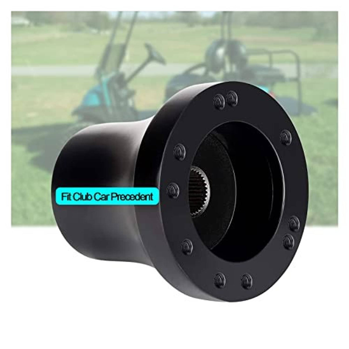 Black steering wheel adapter hub with circular bolt pattern and splined center