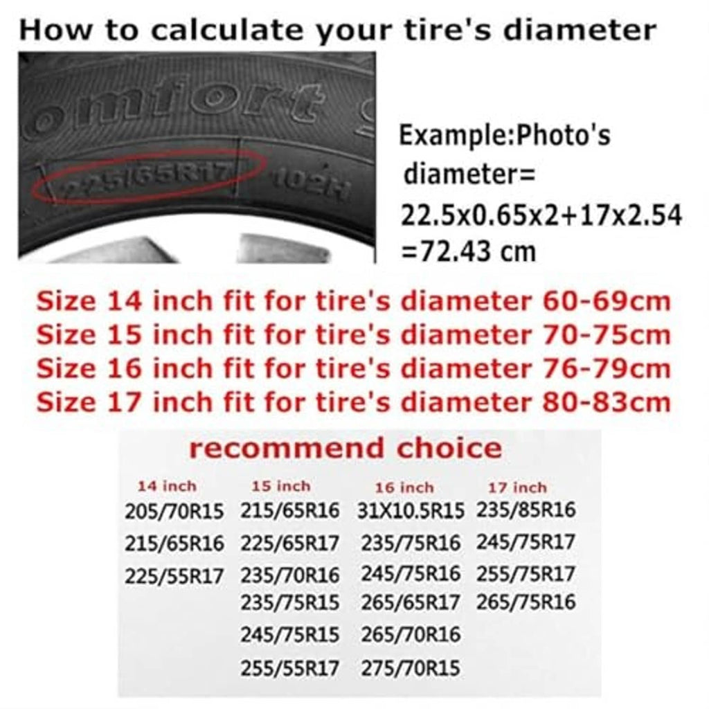Size guide graphic for universal tire cover fit, showing 14-inch tire diameter range