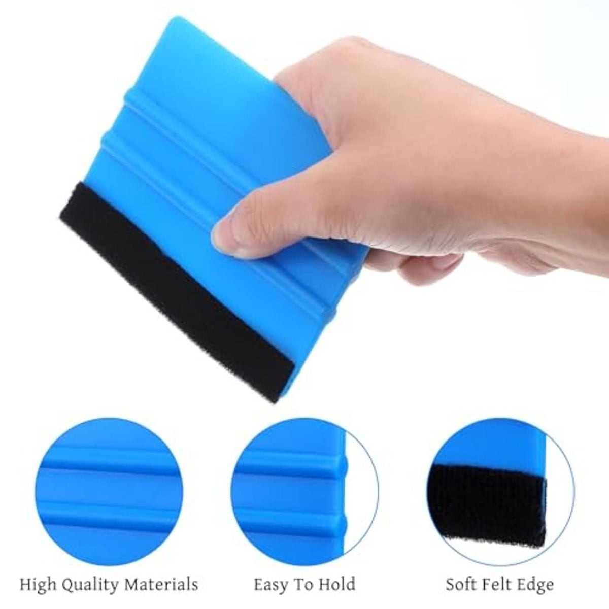 Blue squeegee with black felt edge, close-up held in hand