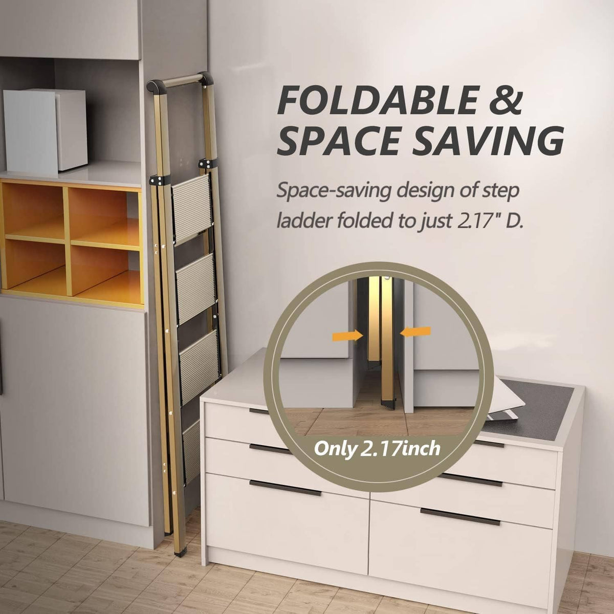 Folding 4-step ladder stool with slim folded profile and handgrip, shown beside a cabinet