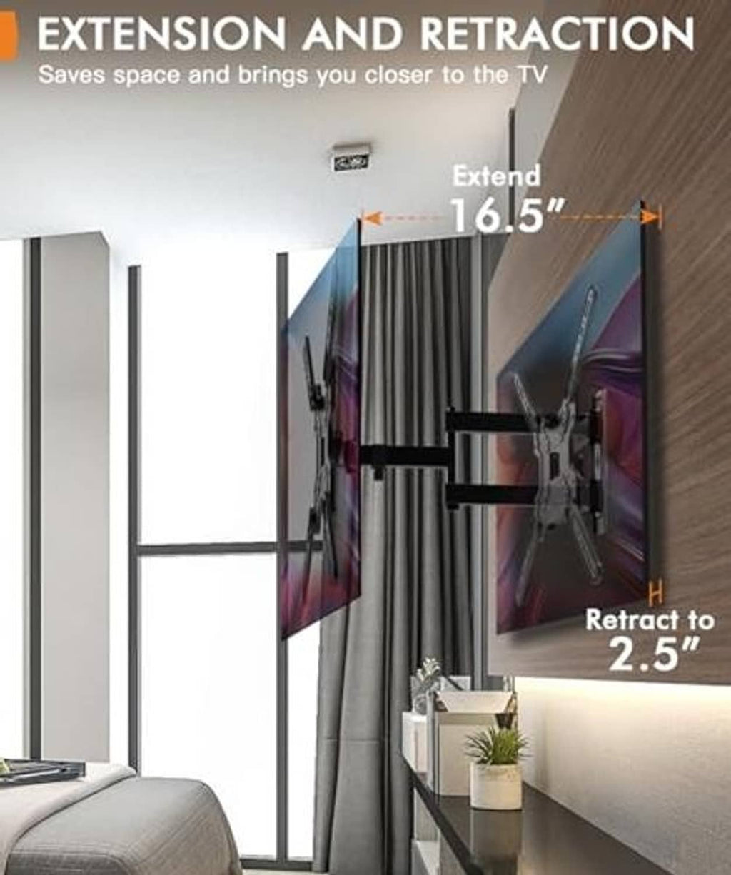 TV wall mount extension and retraction feature illustration for closer viewing