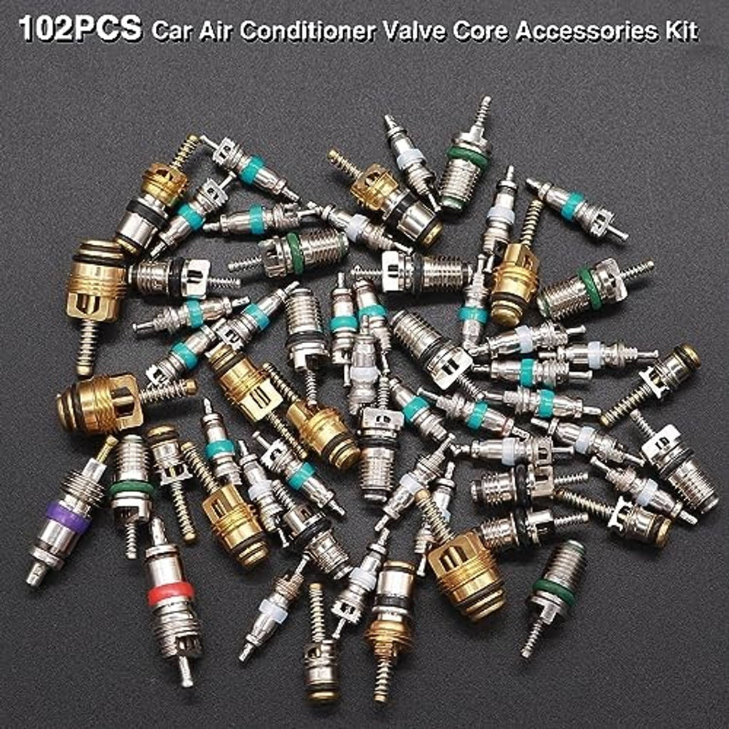 Car A/C valve core accessories kit with assorted metal valve cores featuring colored seals