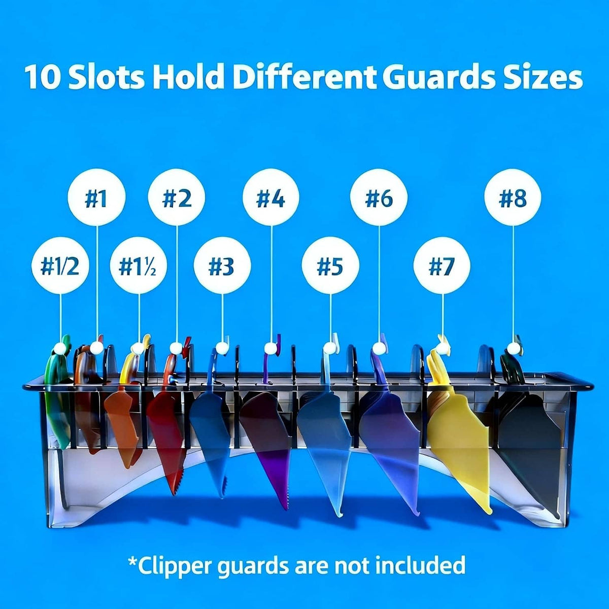 10-slot clipper guard holder with divided slots and sample clipper guards in colors