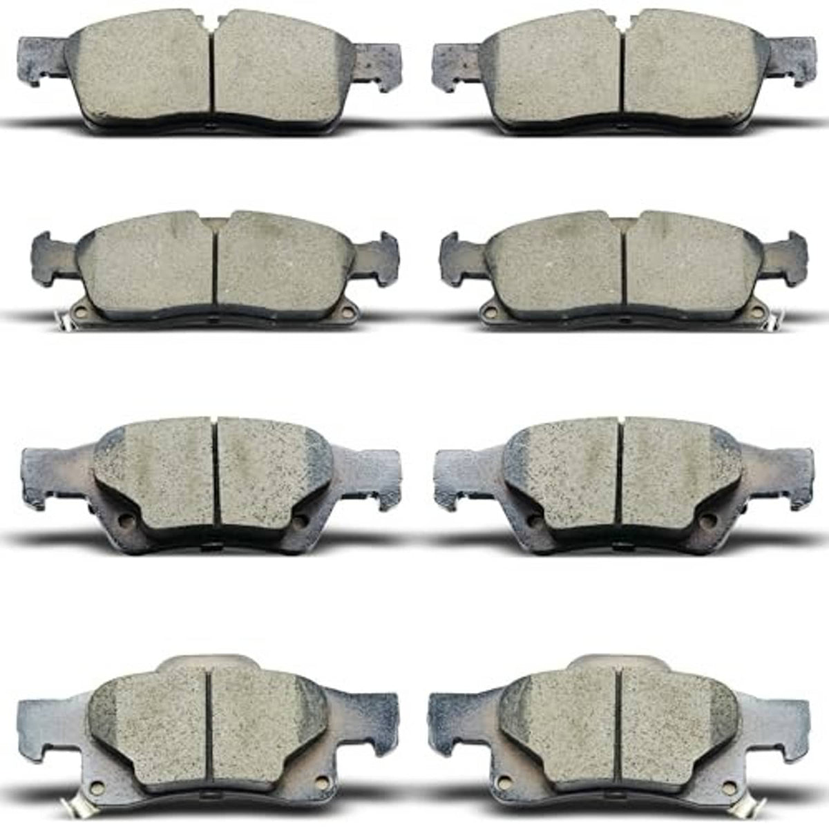 Ceramic brake pad set showing four pairs of light gray friction pads