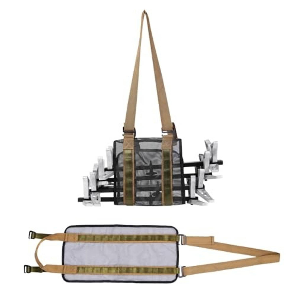 Universal climbing stick carrier with padded gray pouch, tan webbing straps, metal clamps
