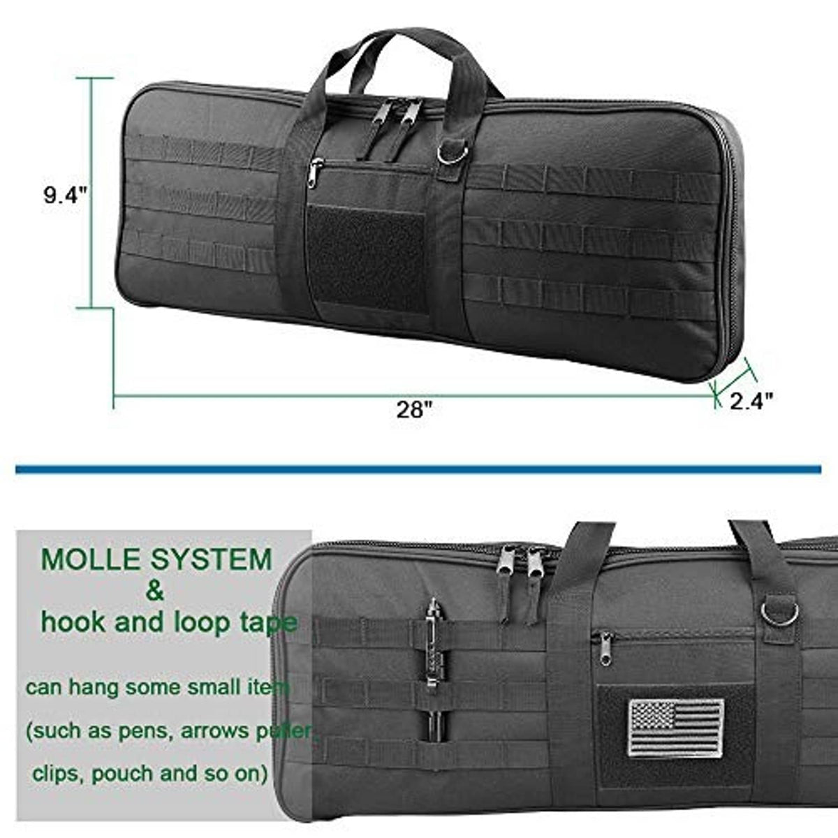 Black tactical bow case with MOLLE webbing and front USA flag patch