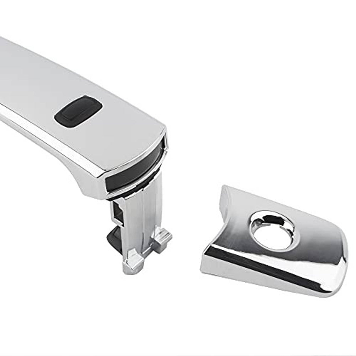Chrome exterior door handle with black switch pad and mounting bracket detail