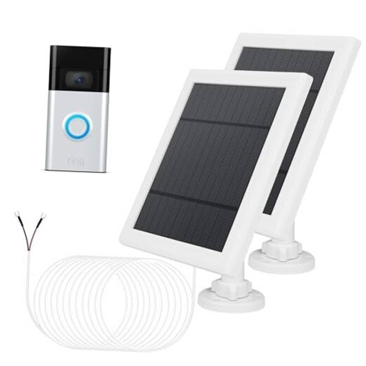Solar panel charger with white adjustable mount and black panel, includes cable