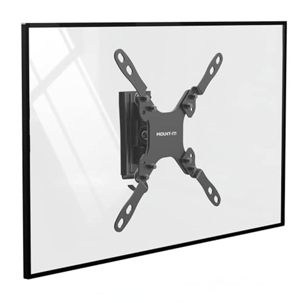 Black RV TV wall mount installed on a wall, four-arm bracket for TV