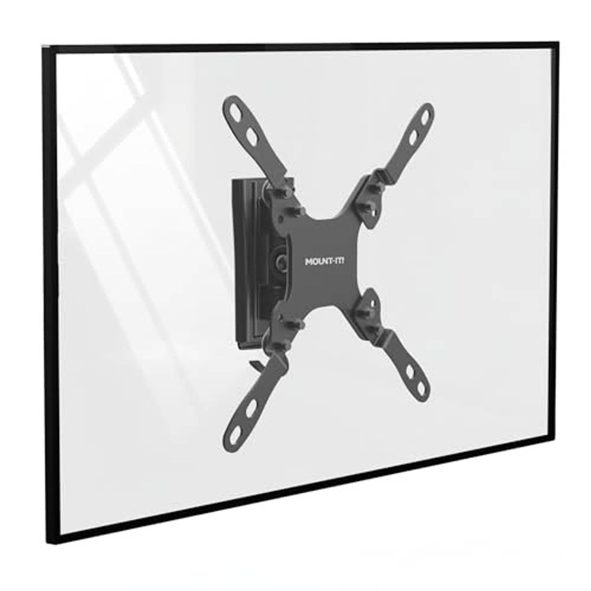 Black RV TV wall mount installed on a wall, four-arm bracket for TV