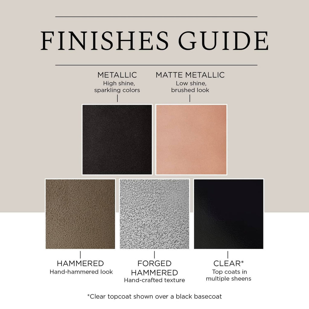Finishes guide graphic with metallic, matte metallic, hammered, and clear swatches