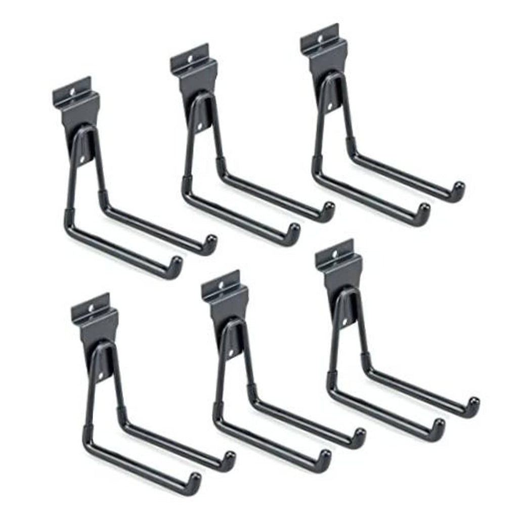 Black slatwall U hooks, 6-pack with curved arms and mounting brackets