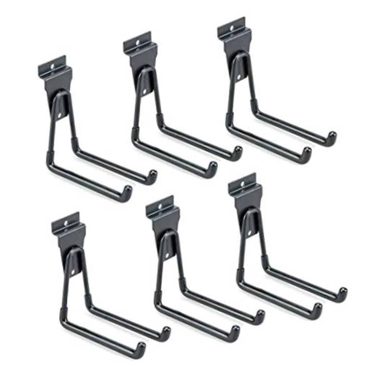 Black slatwall U hooks, 6-pack with curved arms and mounting brackets