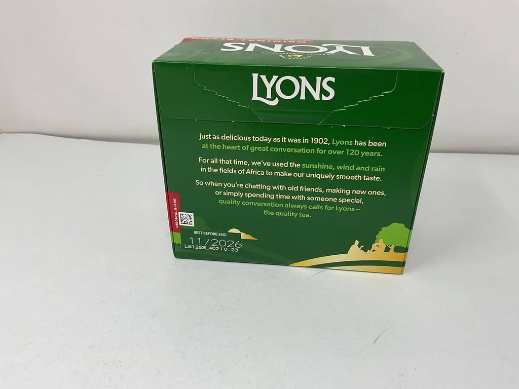 Lyons Original Blend tea bag box back with story text and date stamp