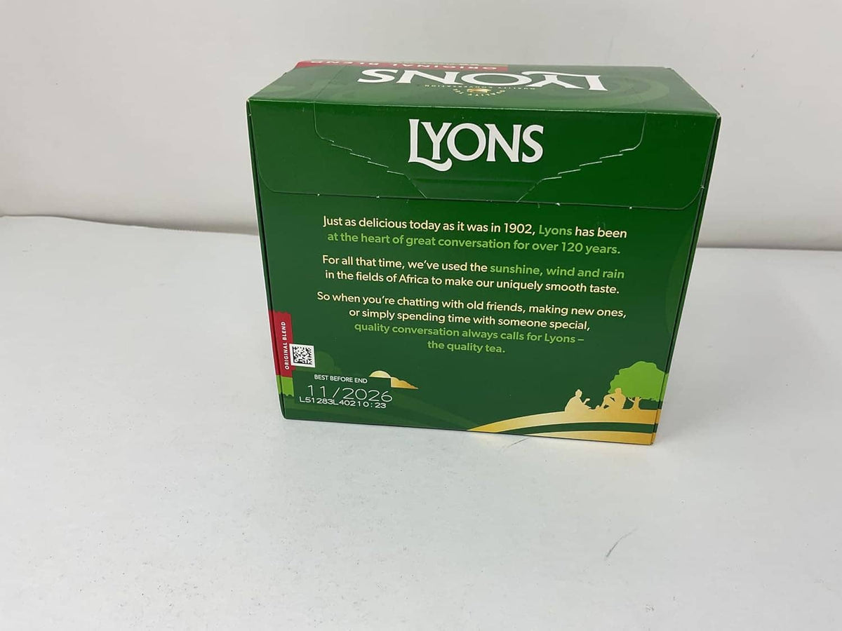 Lyons Original Blend tea bag box back with story text and date stamp