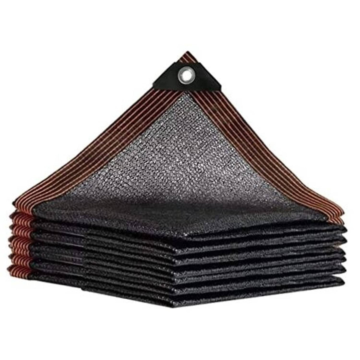 Stacked dark gray shade cloth with brown border and metal grommets