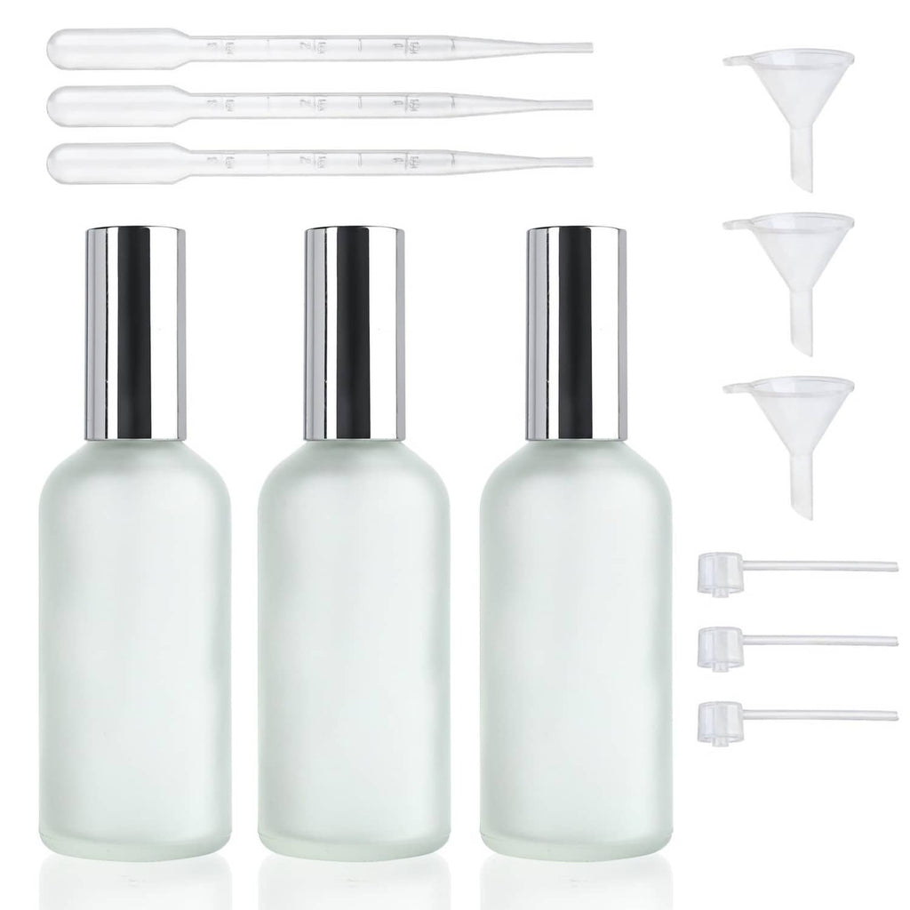 3-pack refillable glass perfume atomizer bottles with chrome caps and funnels