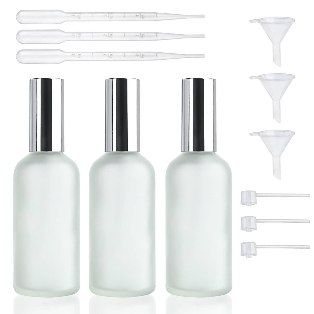 3-pack refillable glass perfume atomizer bottles with chrome caps and funnels
