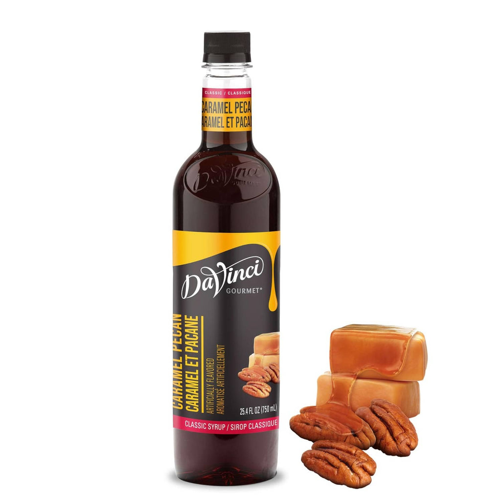 DaVinci caramel pecan syrup bottle with pecans and caramel-colored sauce