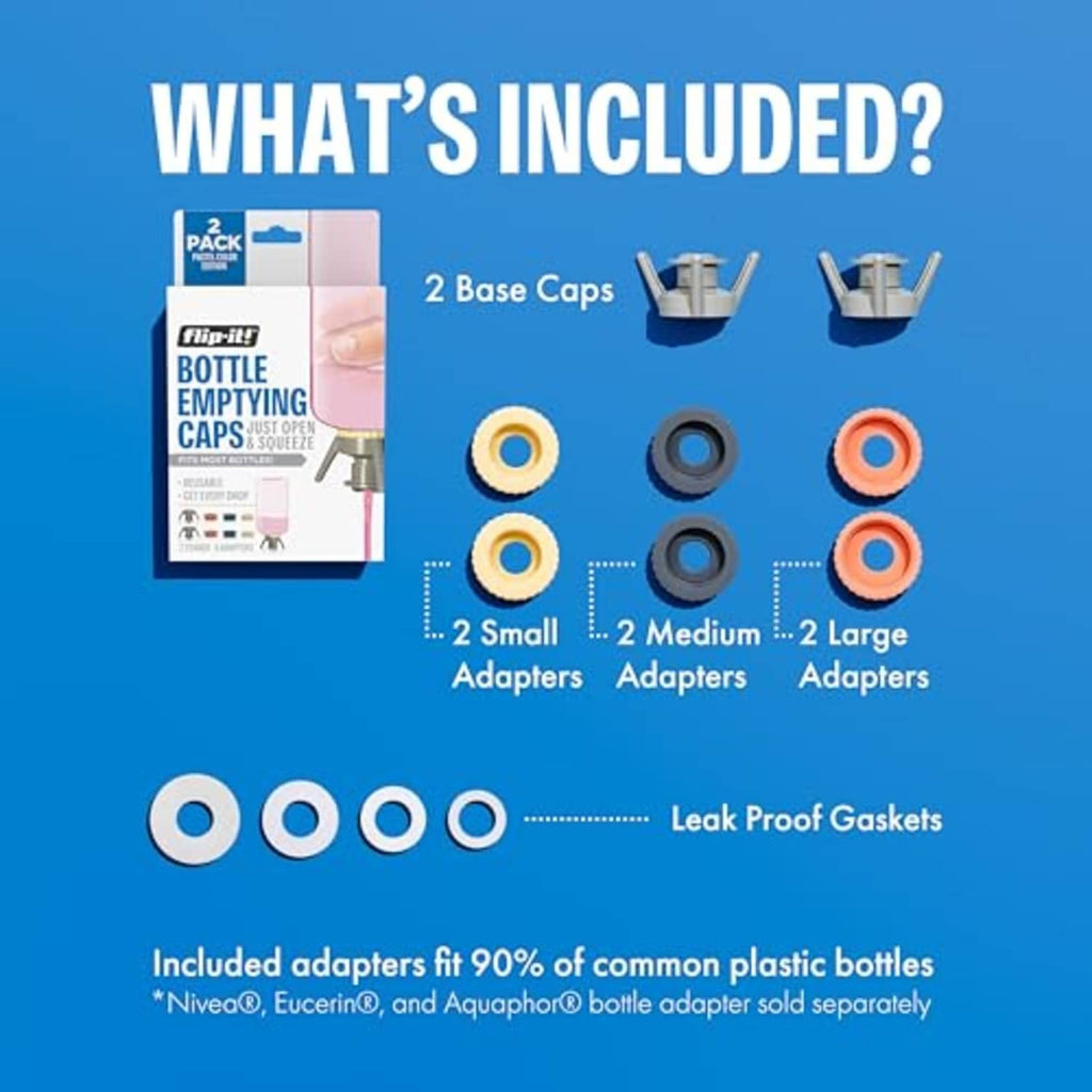 Bottle emptying kit includes 2 base caps, small/medium/large adapters, and gaskets