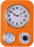 Orange retro kitchen wall clock with analog time, thermometer, and humidity gauges