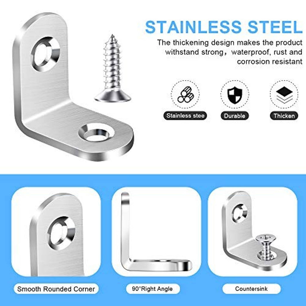 Stainless steel L bracket set featuring smooth corner, 90-degree, and countersunk styles