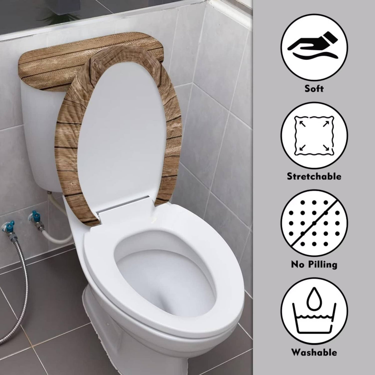 Toilet tank lid and seat cover set with brown wood-look fabric panels