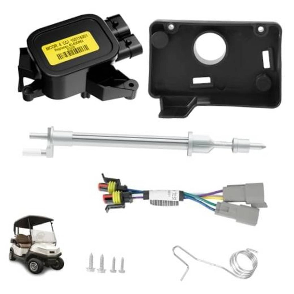 Exploded throttle potentiometer kit with black control module, cover plate, metal rod, wiring.