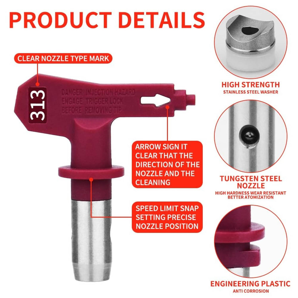 Red airless spray gun nozzle with clear marking label and stainless steel tip head