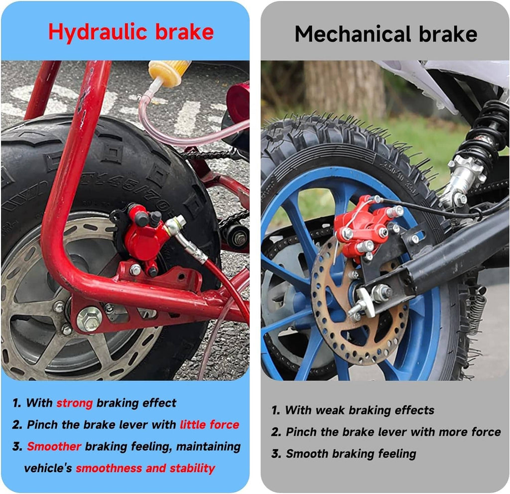 Hydraulic disc brake caliper and red lever with brake hose on a mini bike wheel