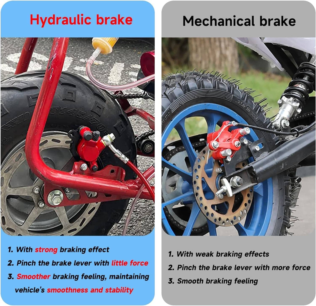 Hydraulic disc brake caliper and red lever with brake hose on a mini bike wheel