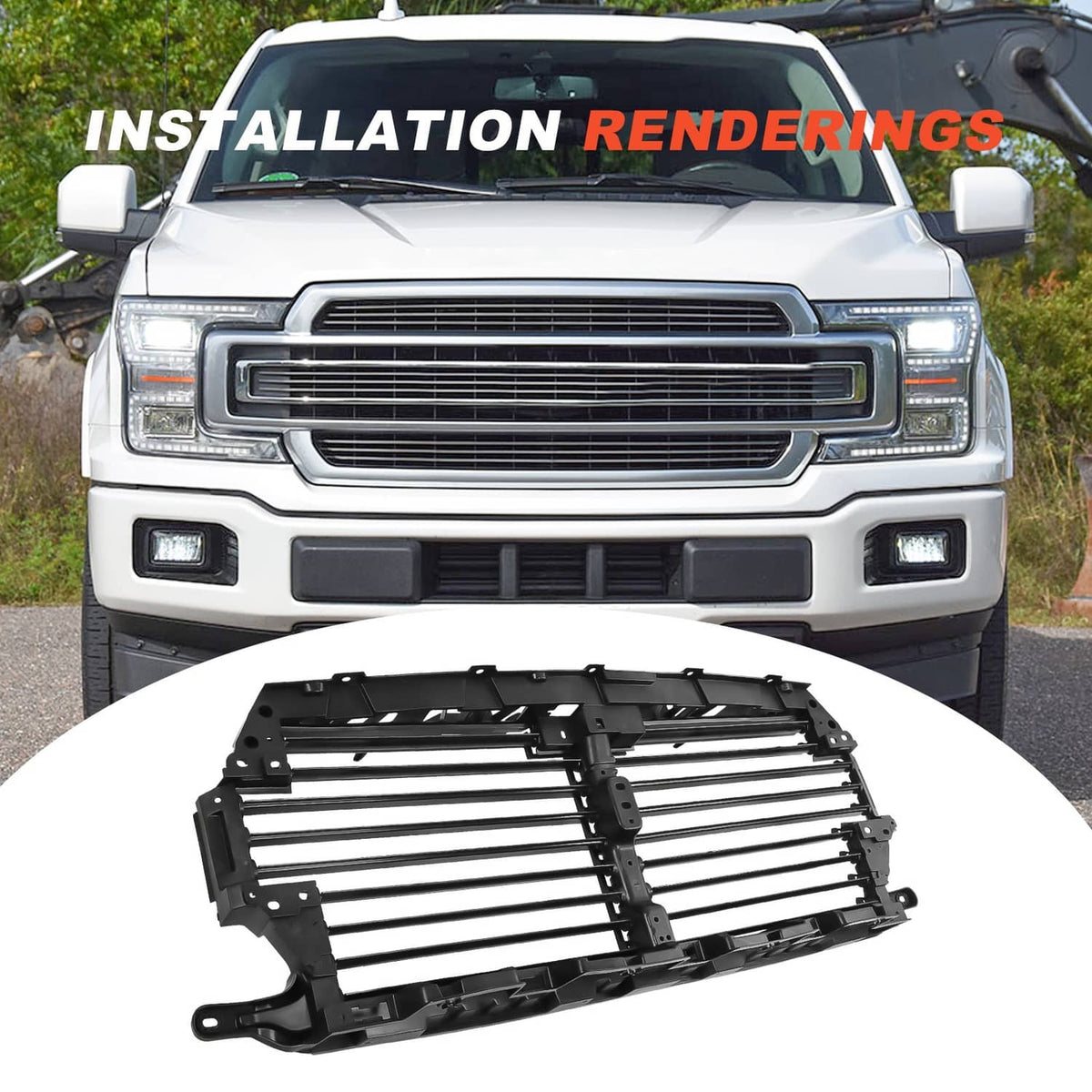 Black upper radiator grille air shutter insert with horizontal bars and side mounting tabs
