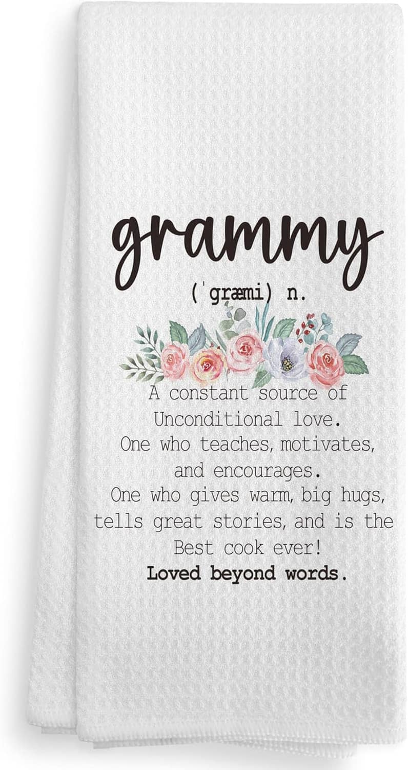 White kitchen towel featuring 'grammy' quote with pink roses and green leaves
