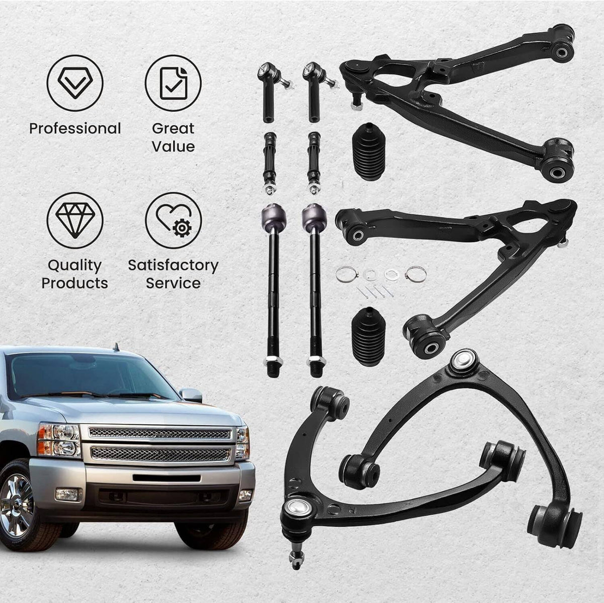 Front suspension control arm kit with black arms, ball joints, and assorted replacement parts