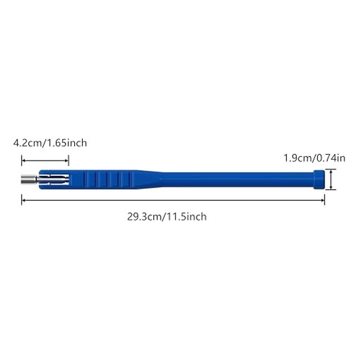 Blue valve puller tool with visible length and size measurement markings on handle