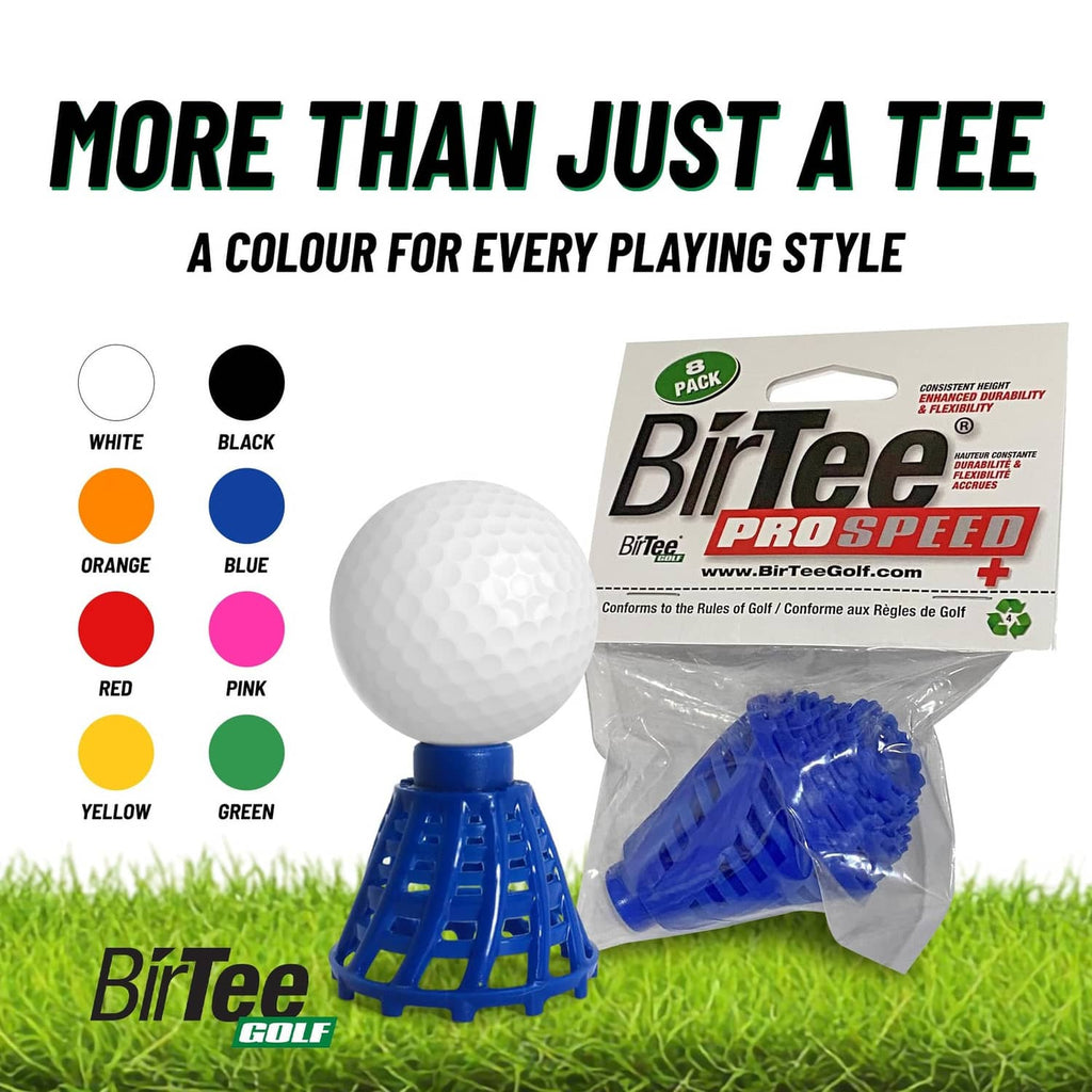 Blue 8-pack BirTee PRO Speed tees with ball on ribbed base and bag
