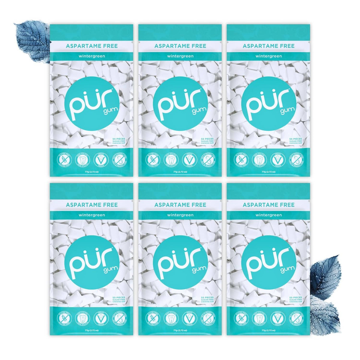 PUR gum packs, aspartame-free wintergreen, xylitol, 6-pack of 55 count