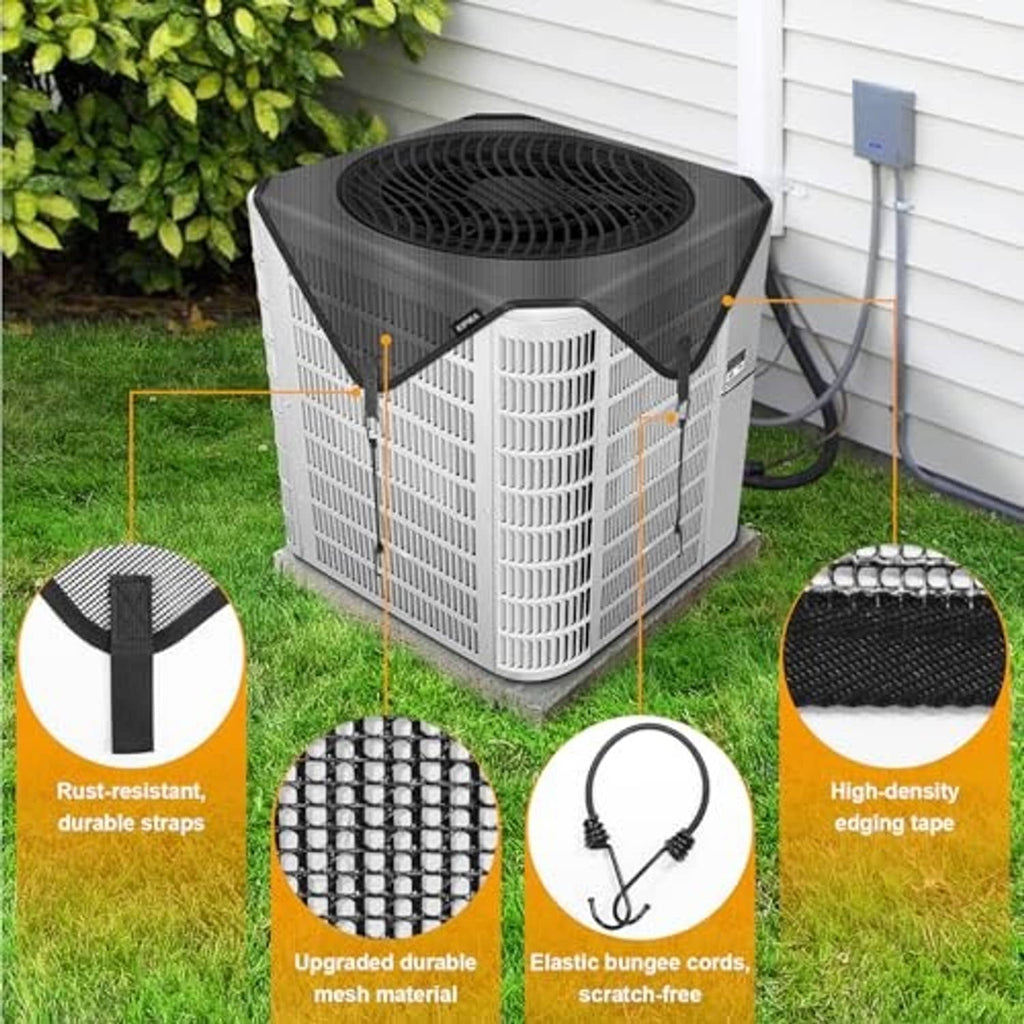 Outdoor AC mesh cover with reinforced corners and elastic bungee cords, black and white