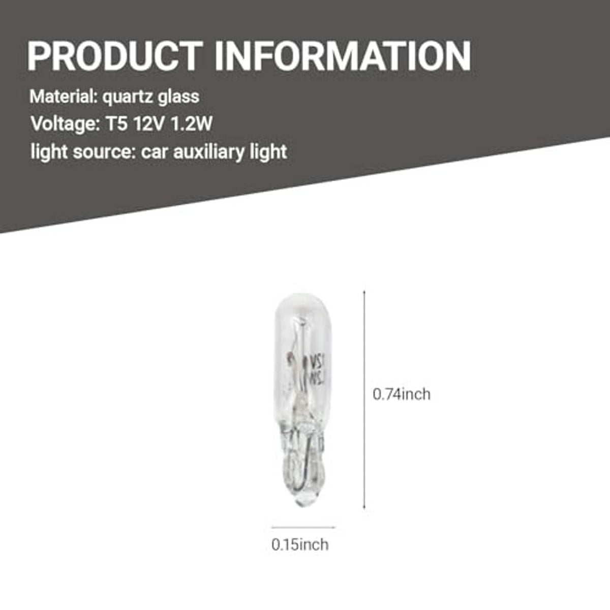 T5 white wedge bulb with clear glass and size markings (0.15 in, 0.74 in)