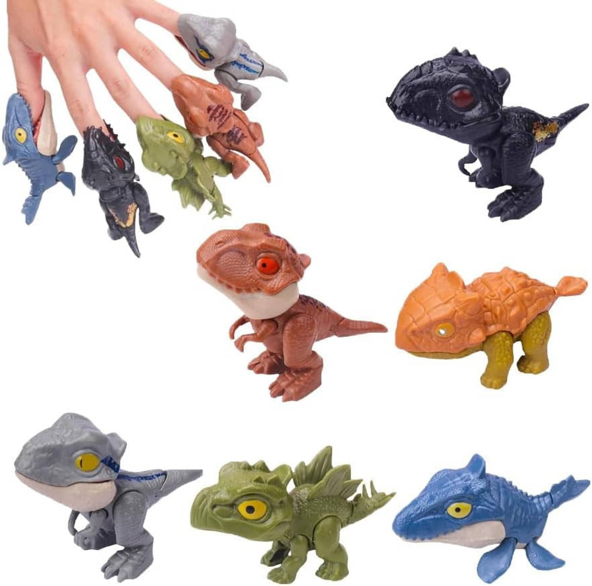 Set of 6 biting dinosaur finger toys, mixed colors with clawed, chomp-style heads