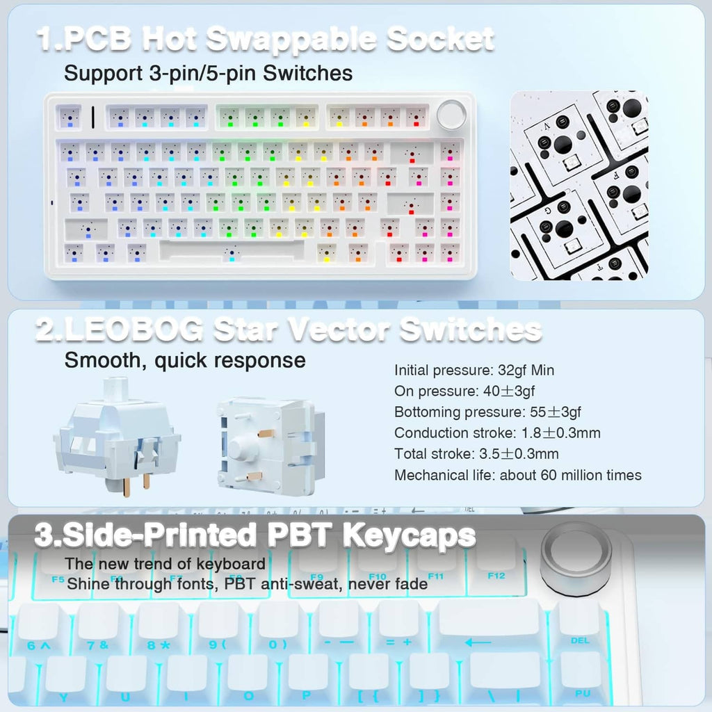 White 75% mechanical keyboard with RGB backlit keycaps and visible switch area