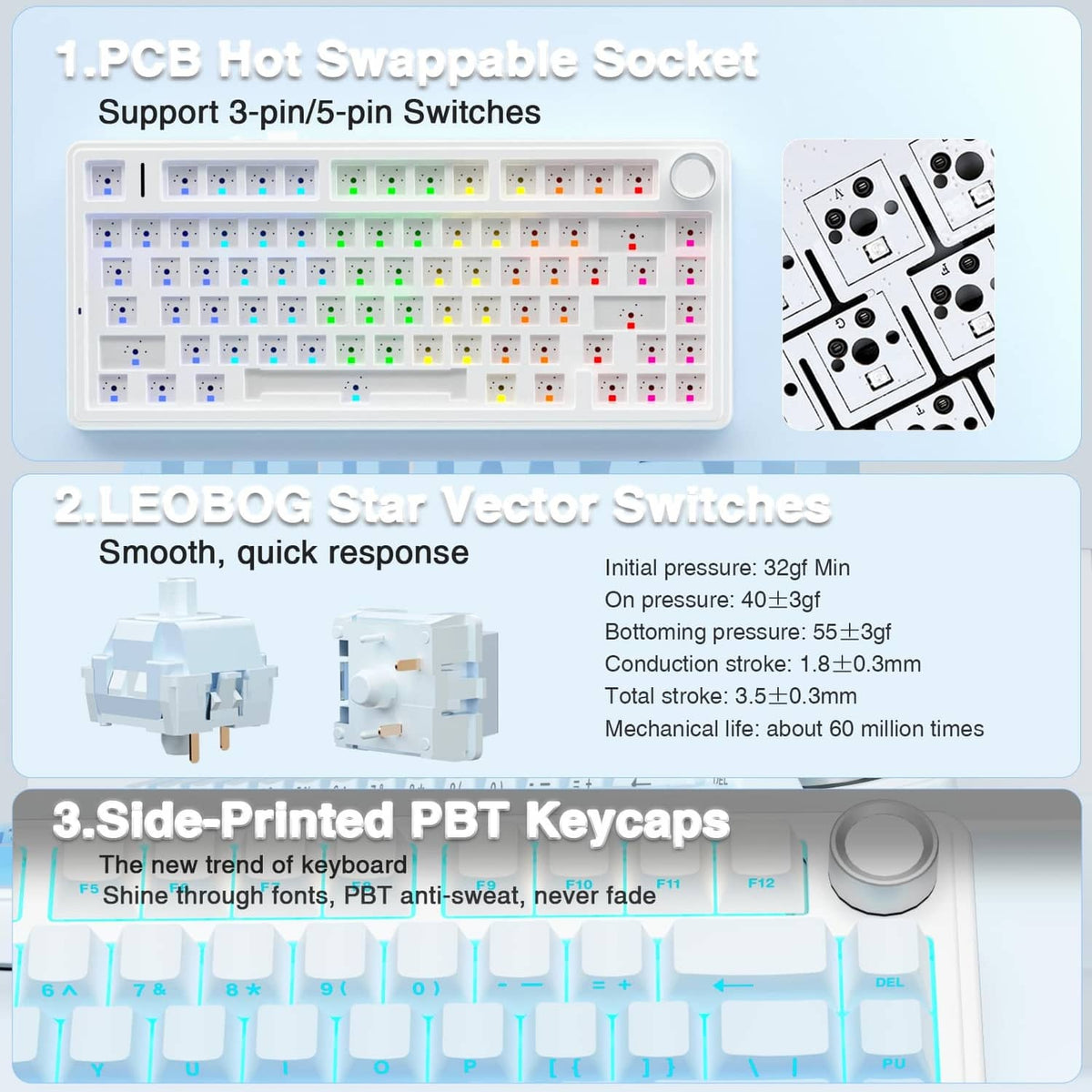 White 75% mechanical keyboard with RGB backlit keycaps and visible switch area