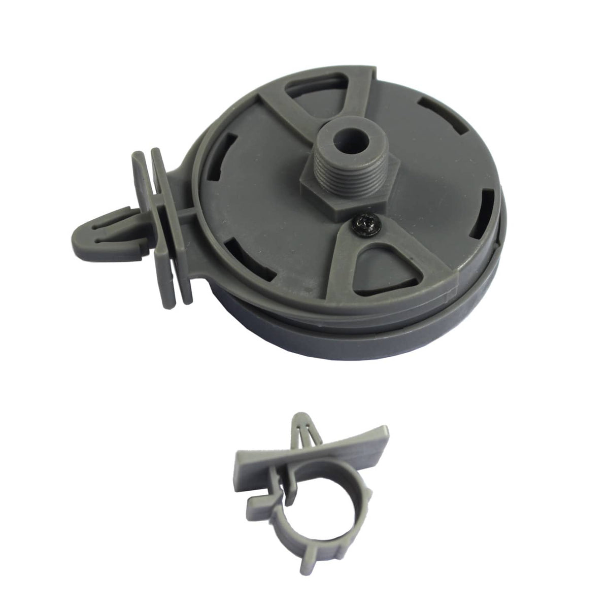 Grey switch housing with threaded port and mounting clips