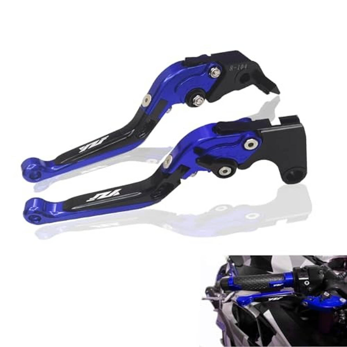 Blue and black motorcycle brake and clutch levers with adjustable pivot and lever guard