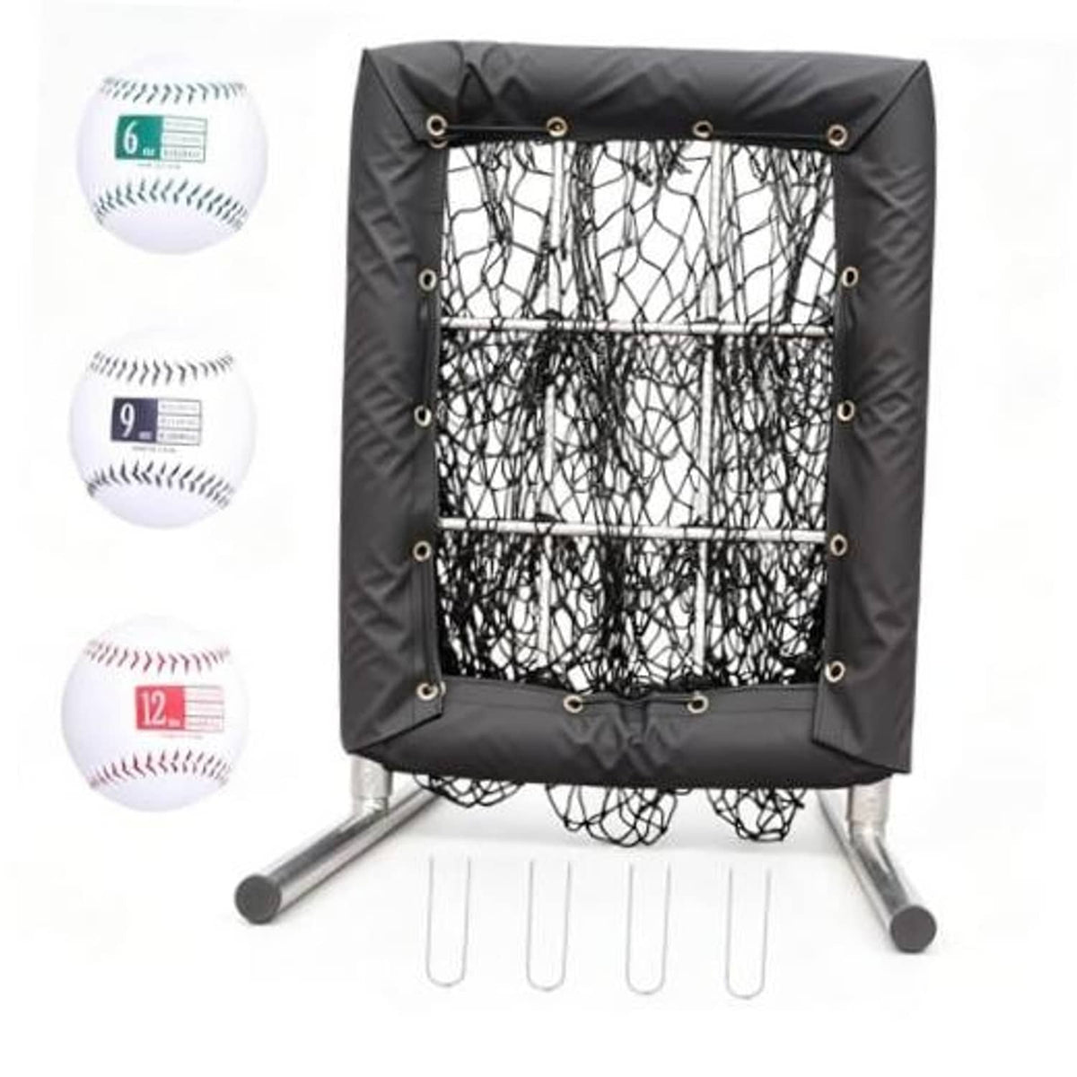 Black 9-hole pitching practice net with strike zone target and padded frame stand