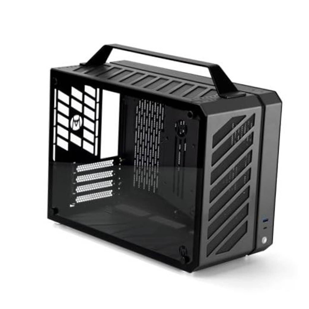 Black compact PC case with open frame, vented panels, and carry handle