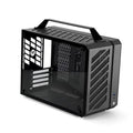 Black compact PC case with open frame, vented panels, and carry handle